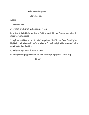 Kiểm tra cuối học kỳ I Môn  Hóa học